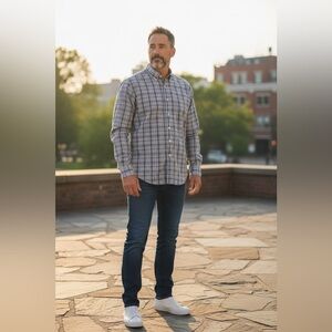 Peter Millar Button Down Adult XLarge Gray Blue White Plaid Shirt Preppy Mens